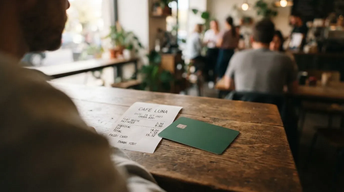 A receipt and a card on a café table