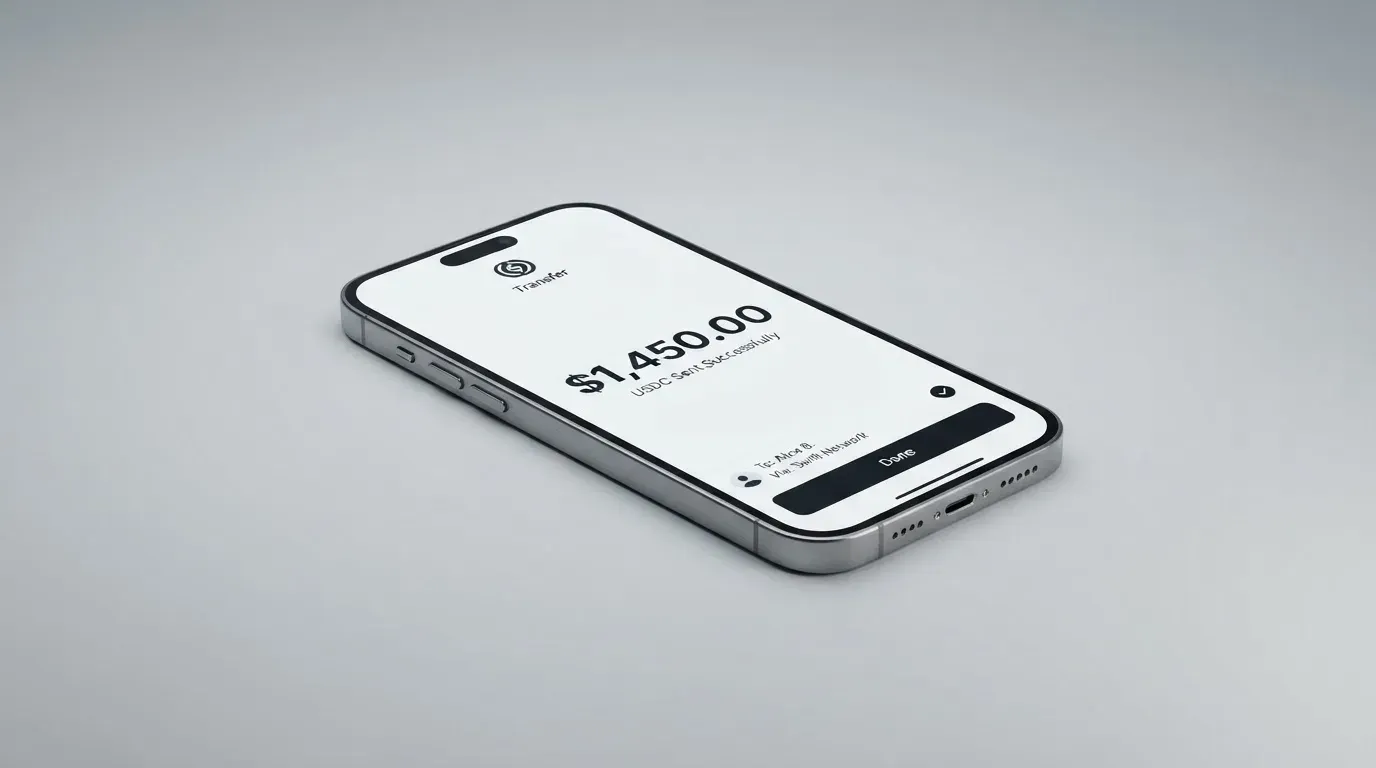 A phone showing a stablecoin transfer screen