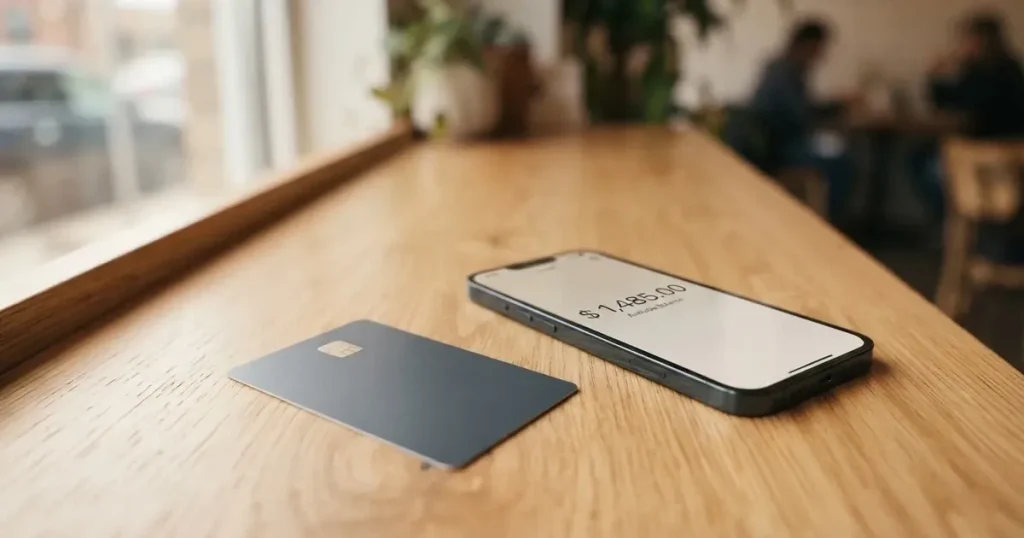 A payment card next to a phone with a crypto wallet app open