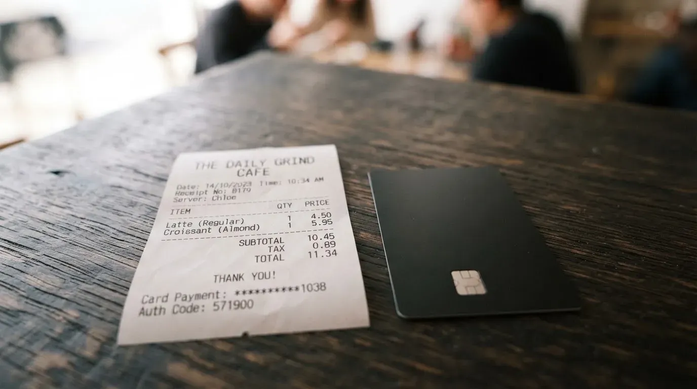 A receipt and a card on a café table