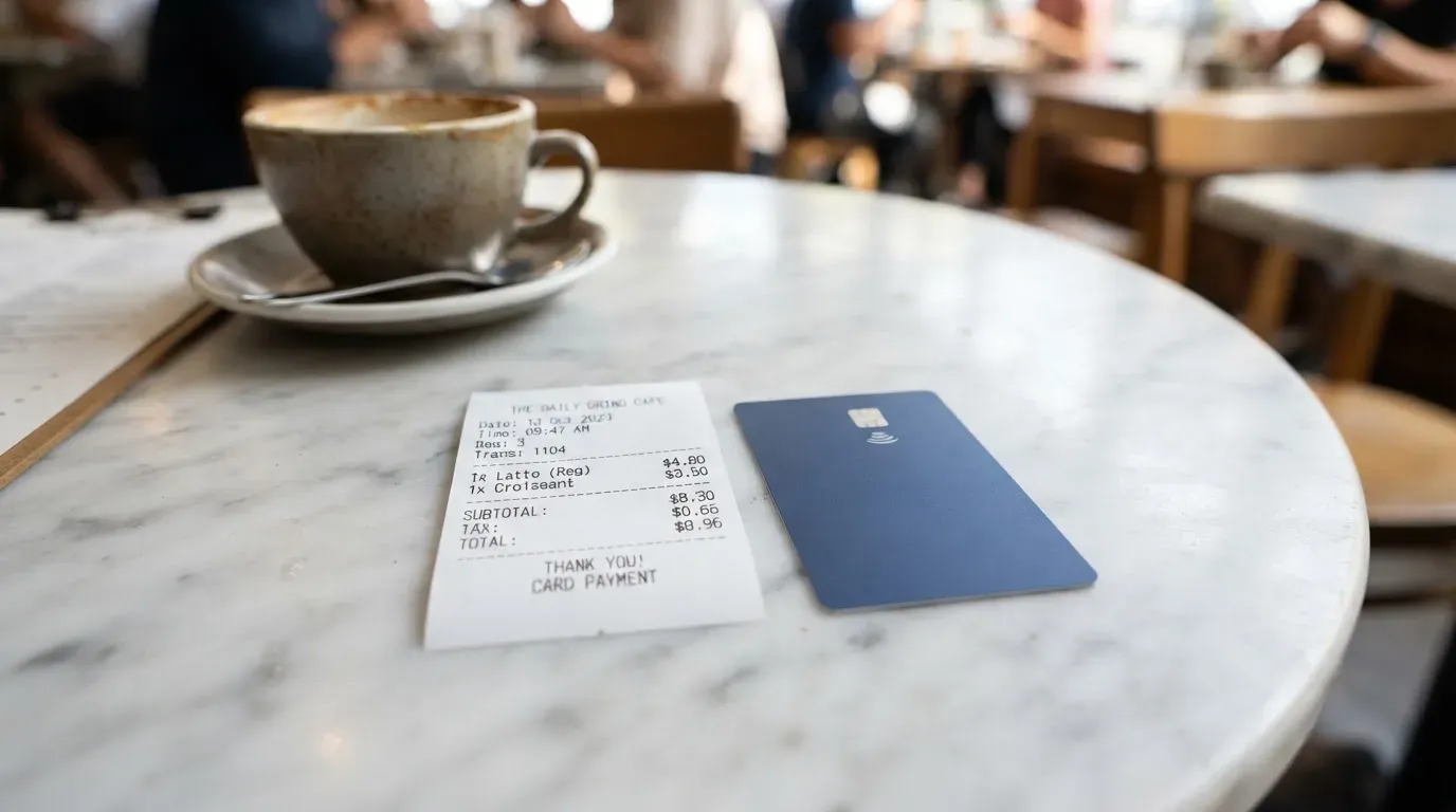 A receipt and a card on a café table