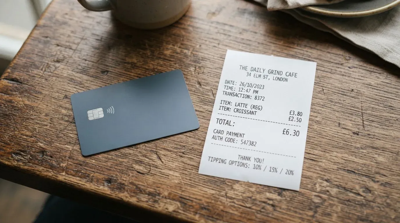A receipt and a card on a café table