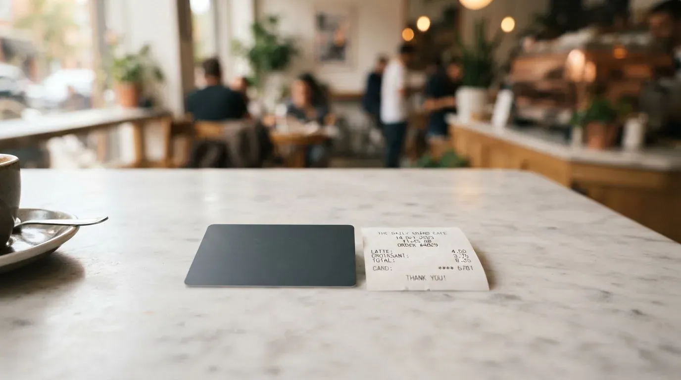 A receipt and a card on a café table