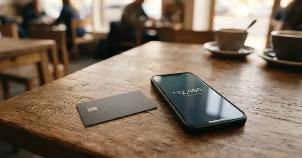 A payment card next to a phone with a crypto wallet app open