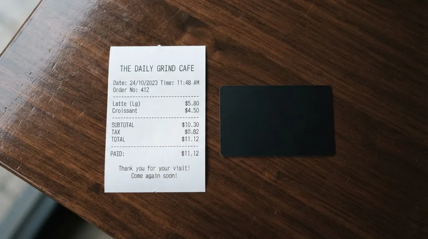 A receipt and a card on a café table