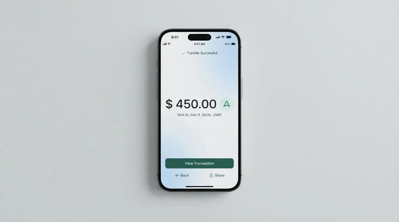 A phone showing a stablecoin transfer screen