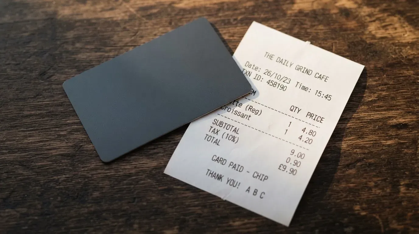 A receipt and a card on a café table