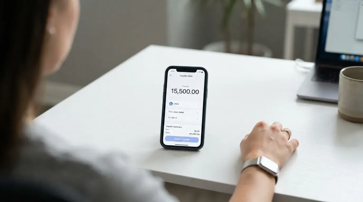 A phone showing a stablecoin transfer screen