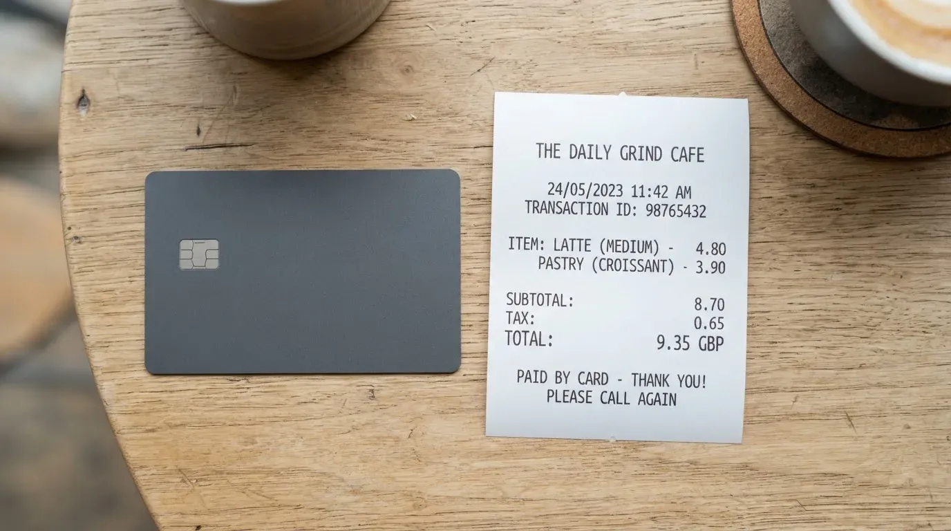 A receipt and a card on a café table
