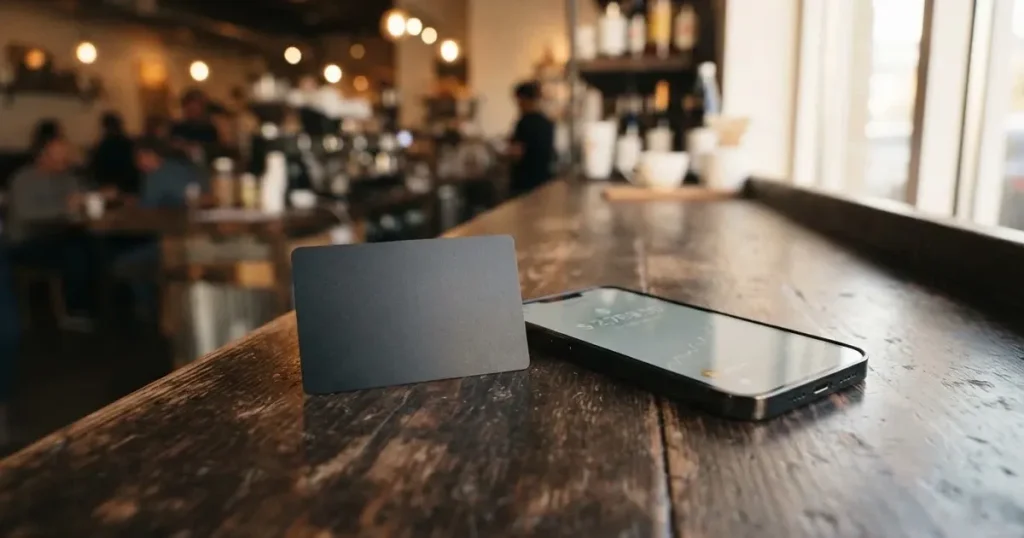 A payment card next to a phone with a crypto wallet app open