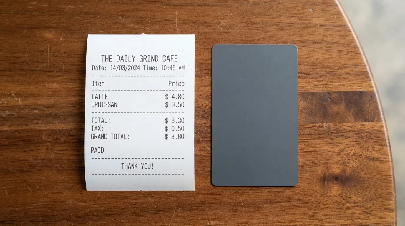 A receipt and a card on a café table