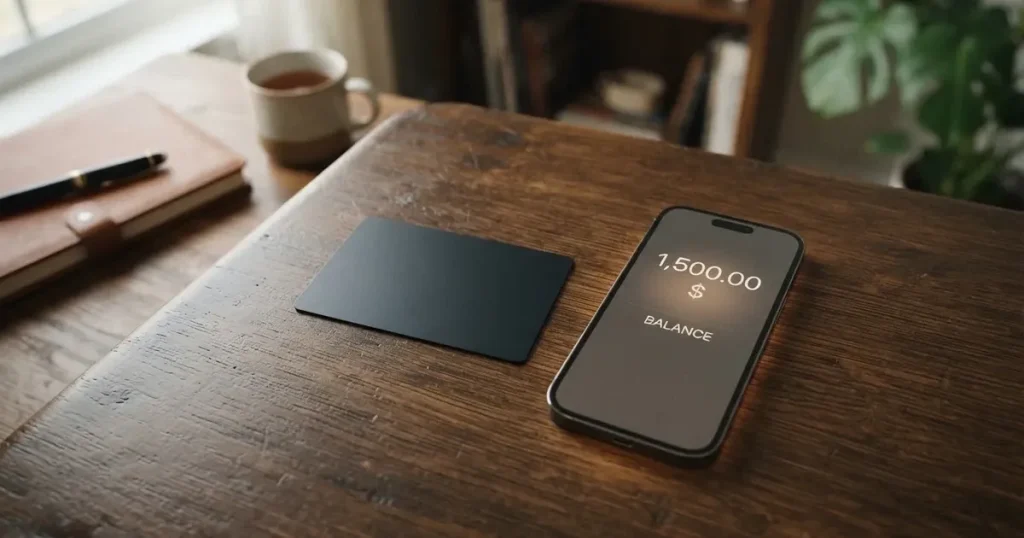 A payment card next to a phone with a crypto wallet app open