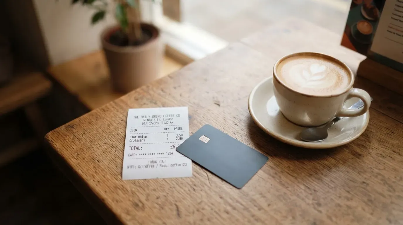 A receipt and a card on a café table