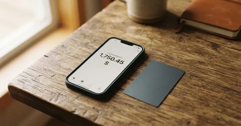 A payment card next to a phone with a crypto wallet app open
