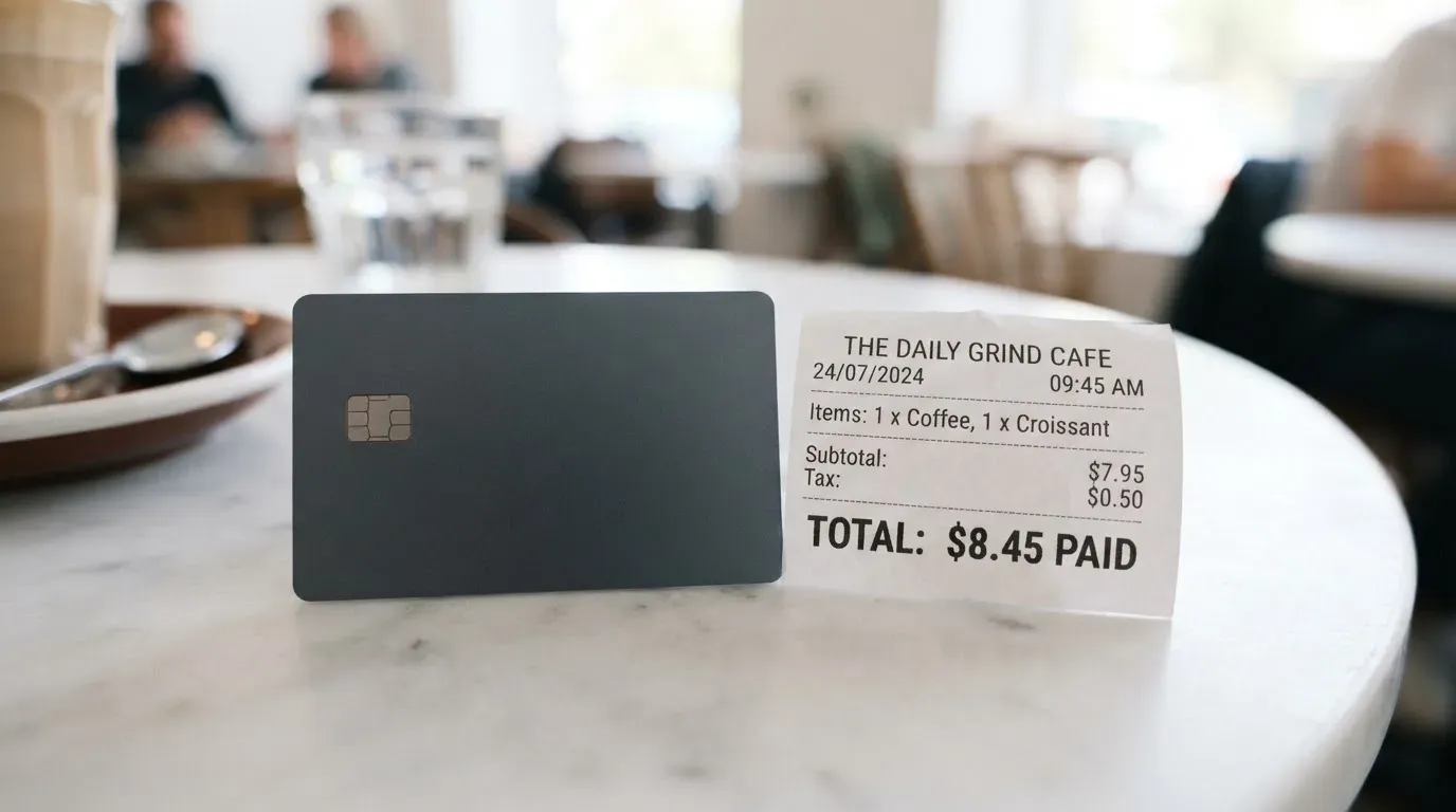 A receipt and a card on a café table