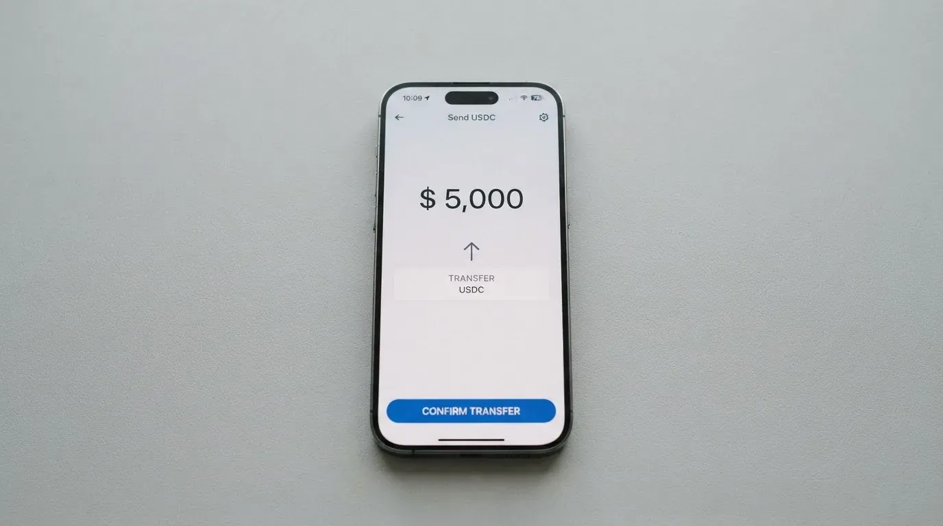 A phone showing a stablecoin transfer screen