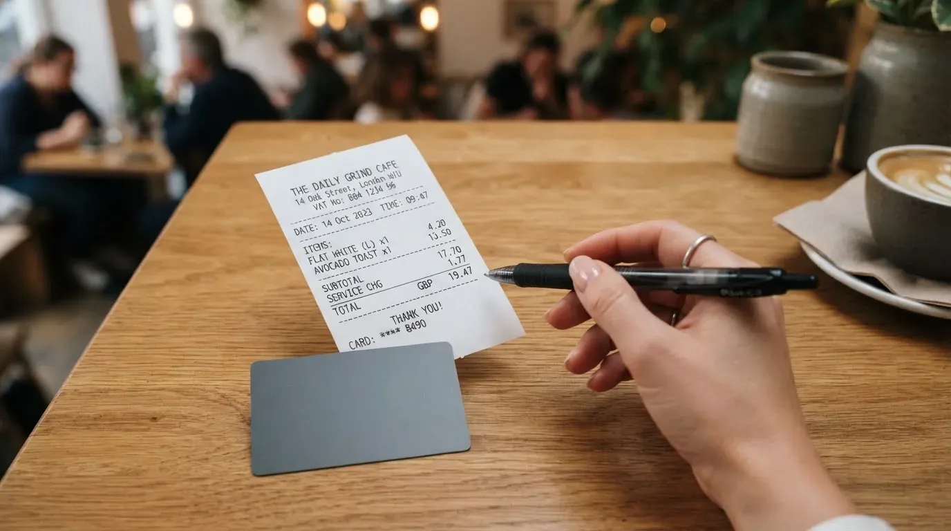 A receipt and a card on a café table