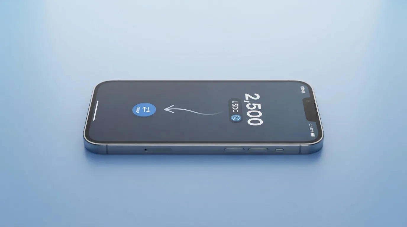 A phone showing a stablecoin transfer screen