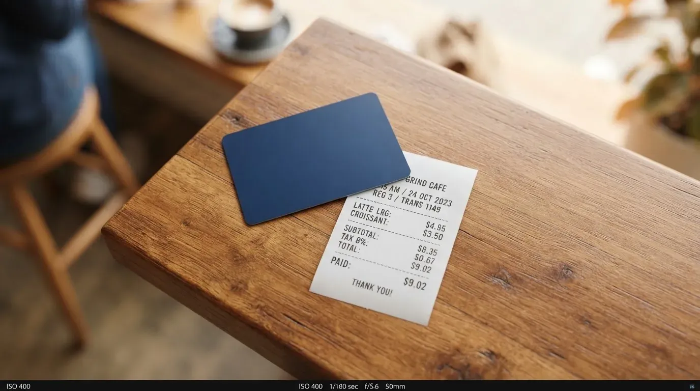 A receipt and a card on a café table