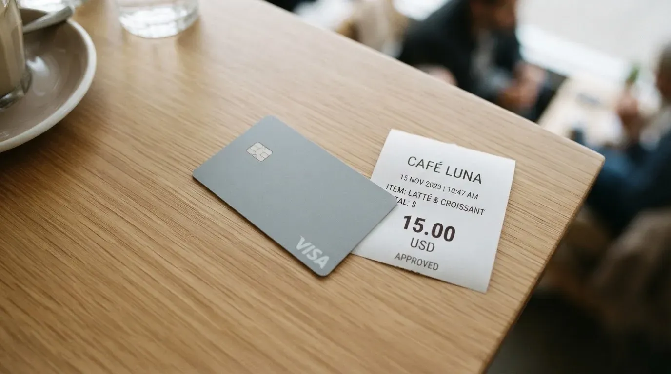 A receipt and a card on a café table