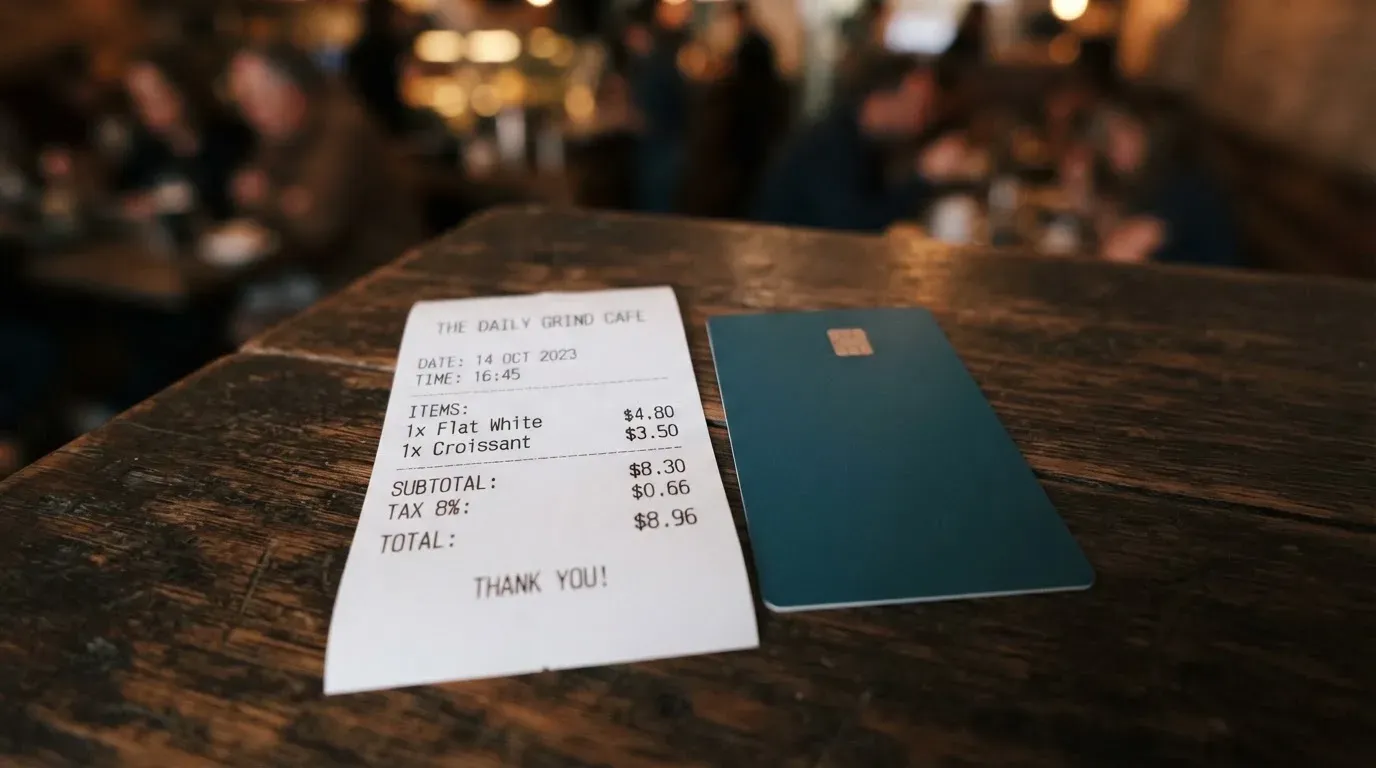 A receipt and a card on a café table