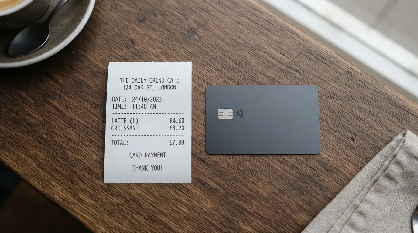 A receipt and a card on a café table