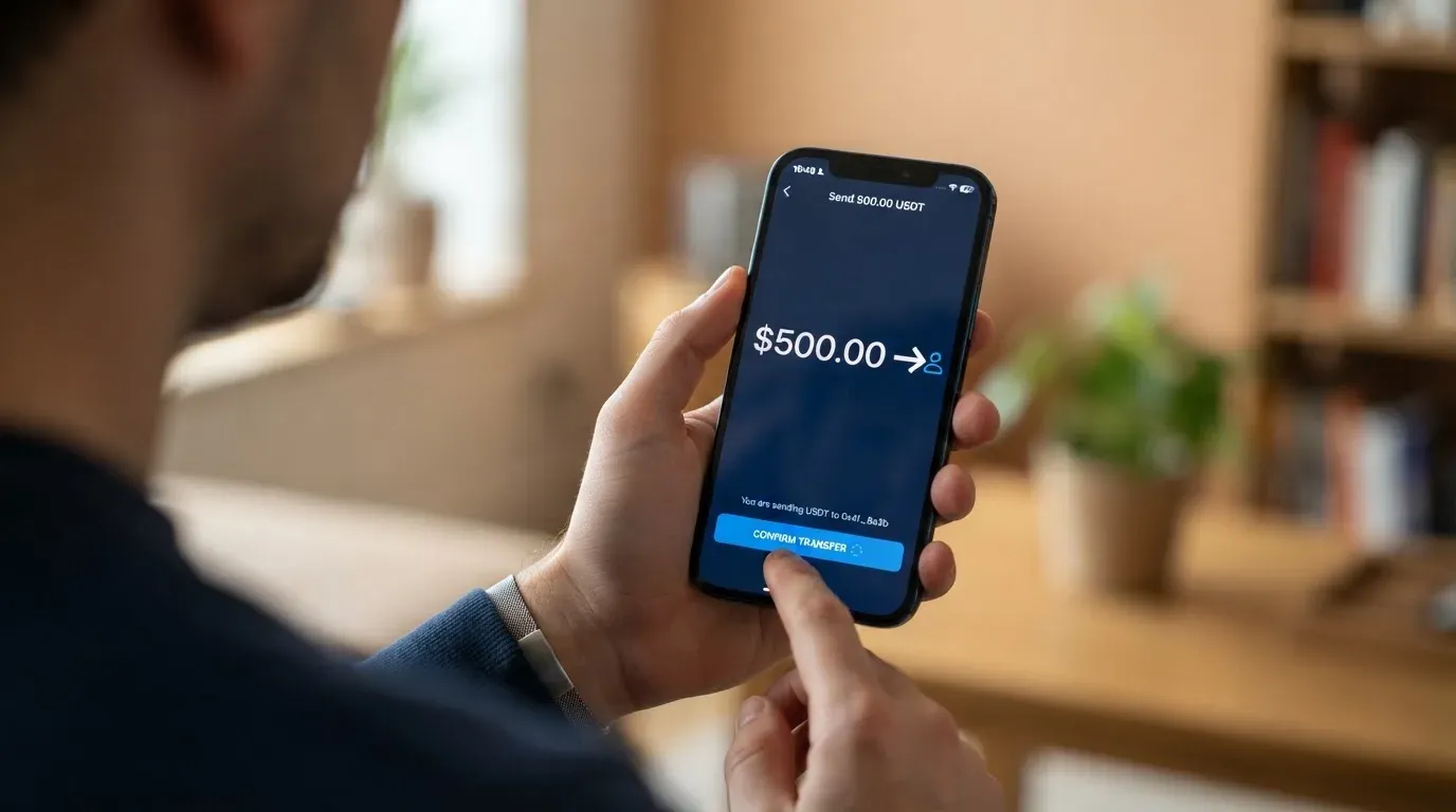 A phone showing a stablecoin transfer screen