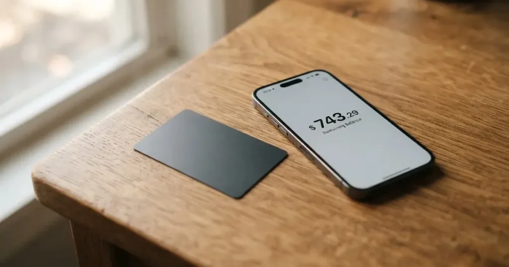 A payment card next to a phone with a crypto wallet app open