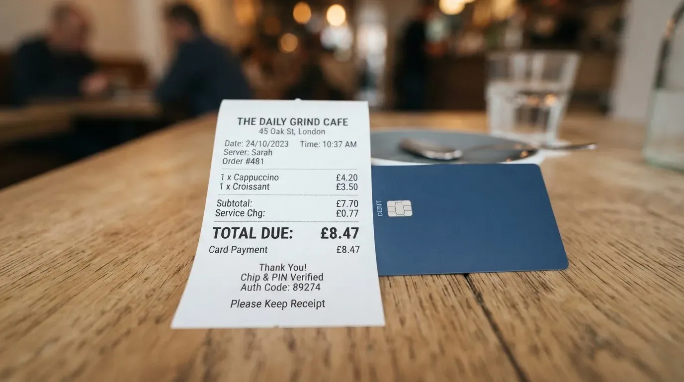 A receipt and a card on a café table