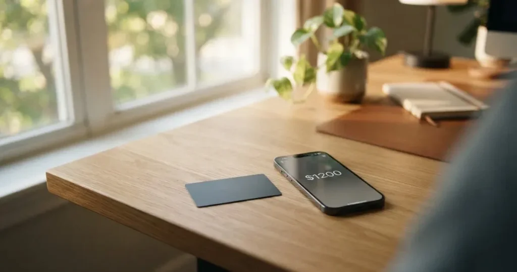 A payment card next to a phone with a crypto wallet app open