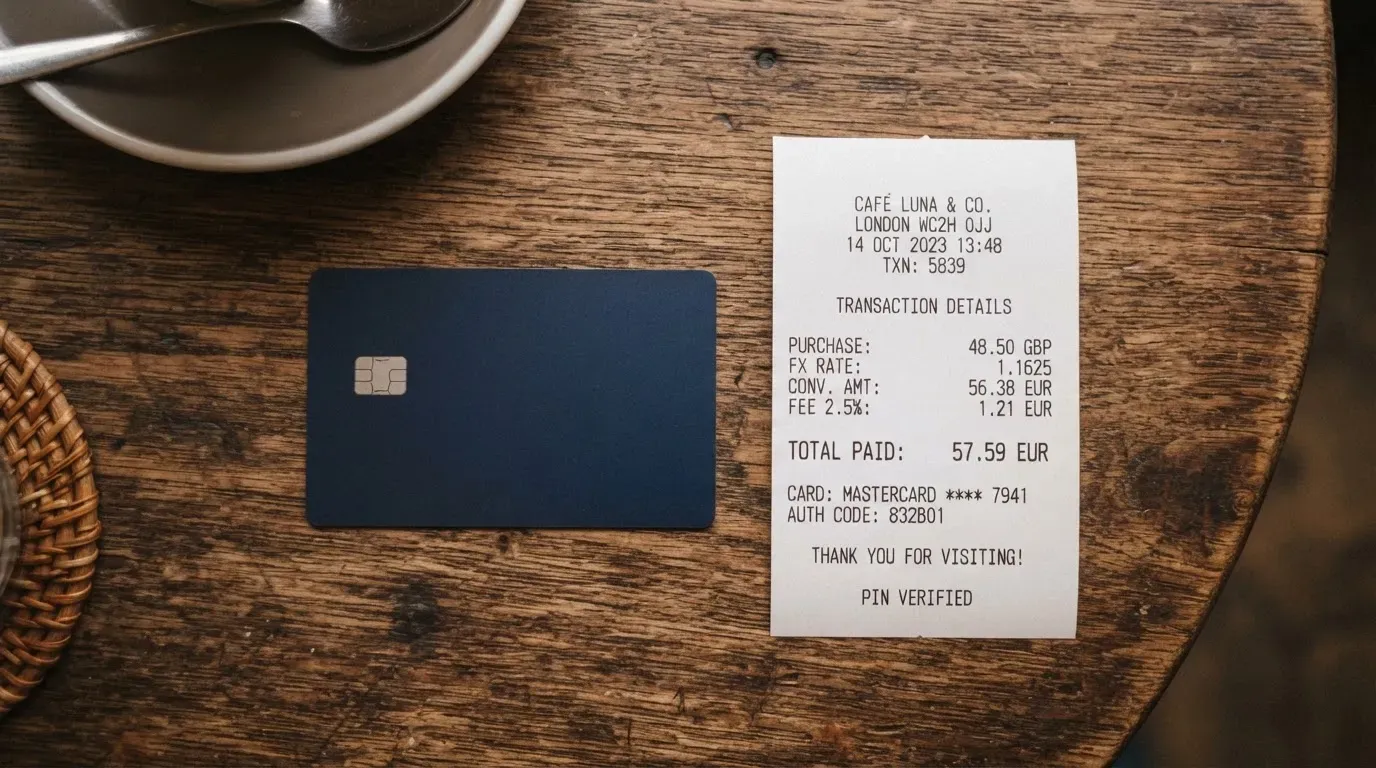 A receipt and a card on a café table
