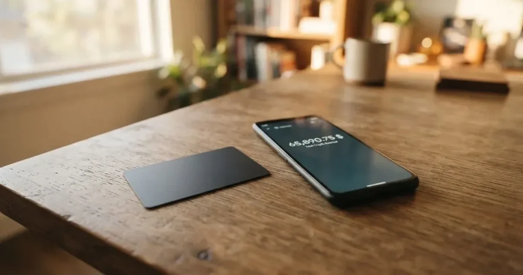 A payment card next to a phone with a crypto wallet app open