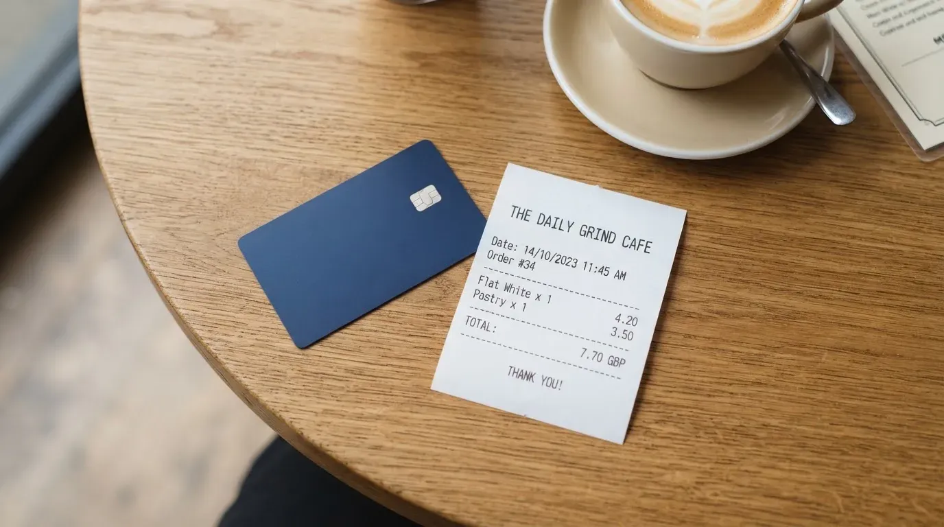 A receipt and a card on a café table