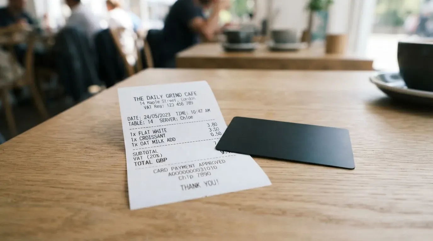 A receipt and a card on a café table