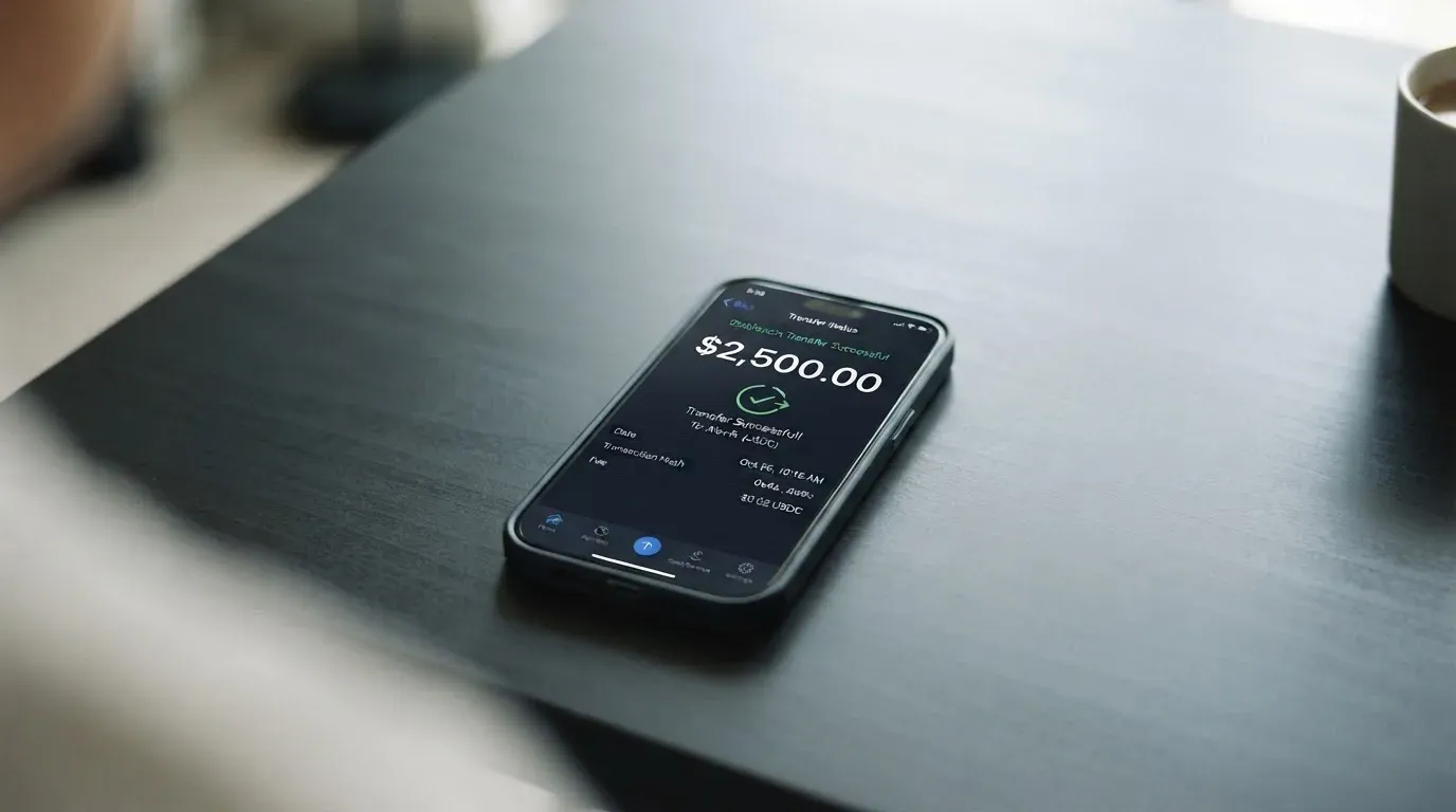 A phone showing a stablecoin transfer screen