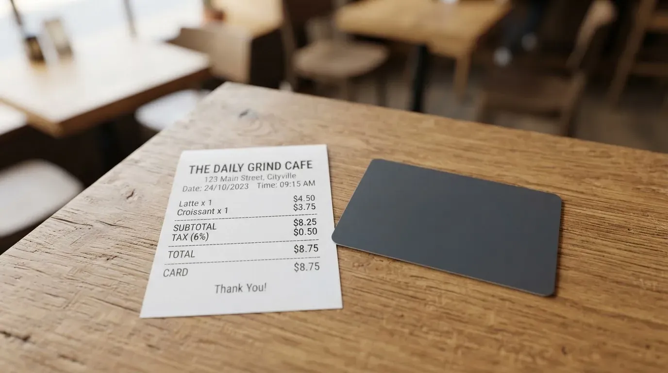 A receipt and a card on a café table