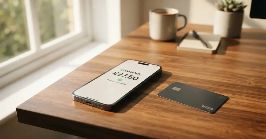 A payment card next to a phone with a crypto wallet app open
