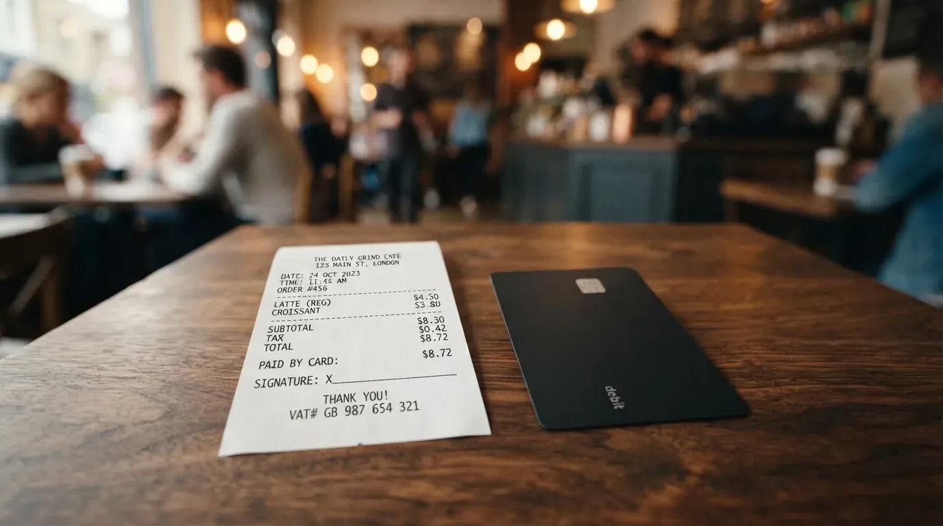A receipt and a card on a café table