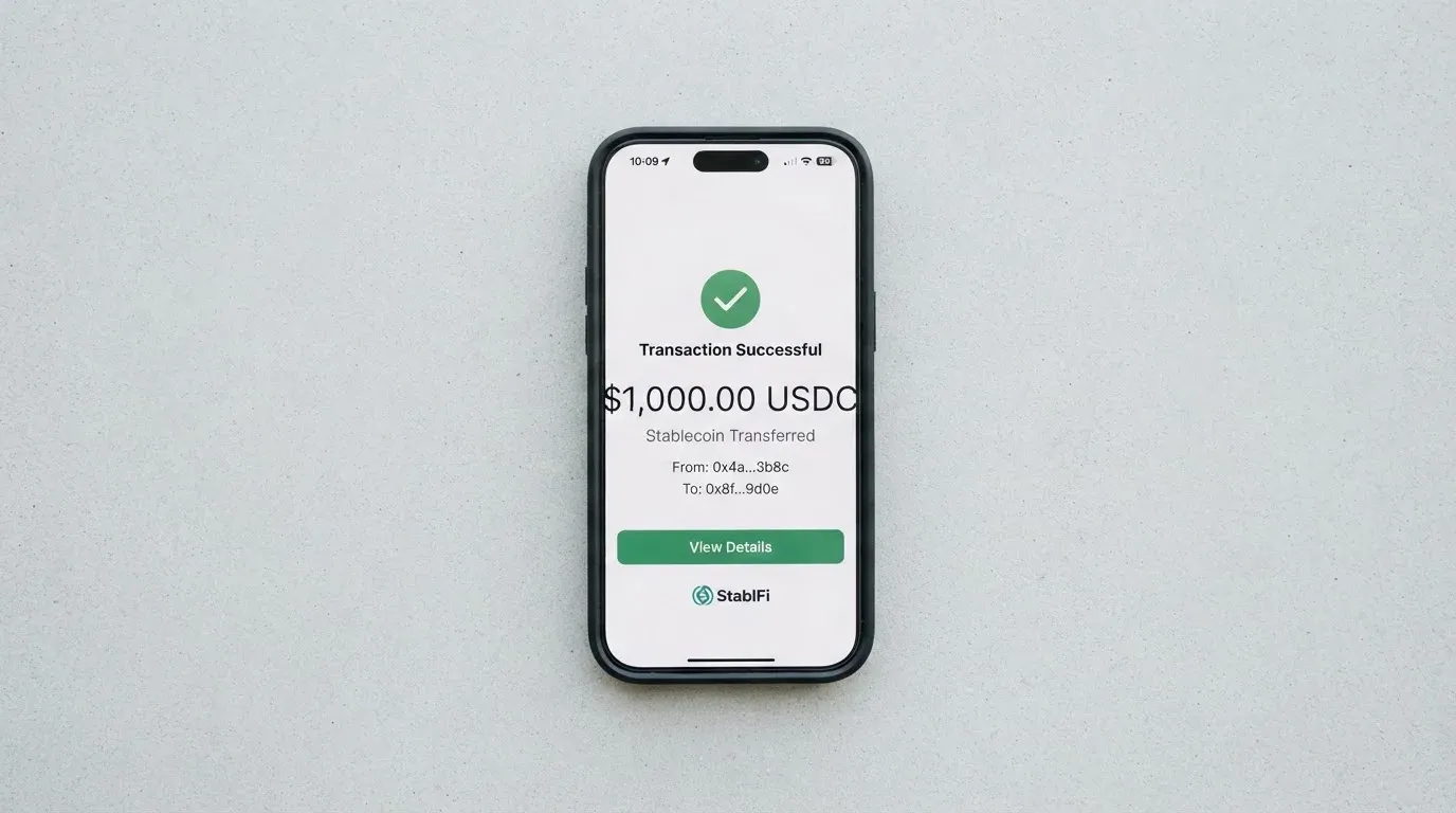 A phone showing a stablecoin transfer screen