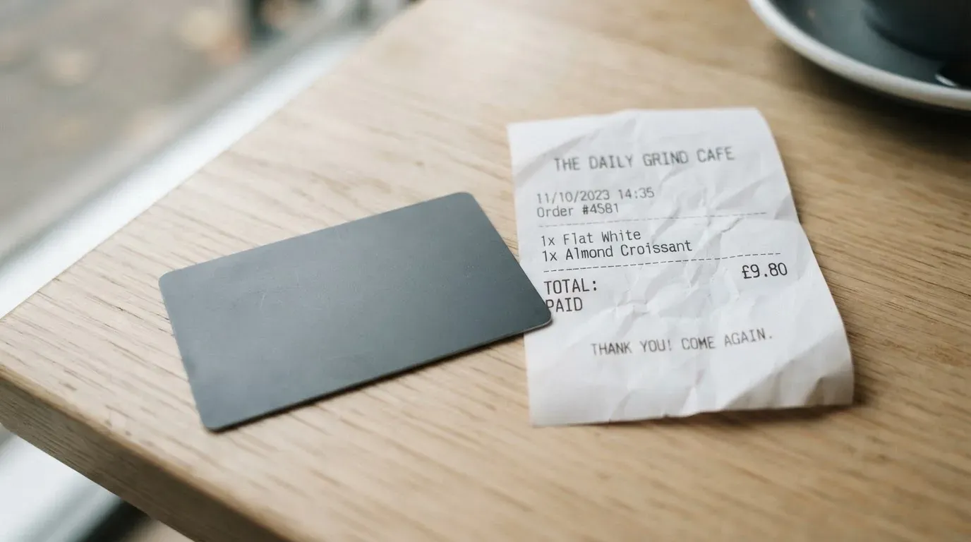A receipt and a card on a café table