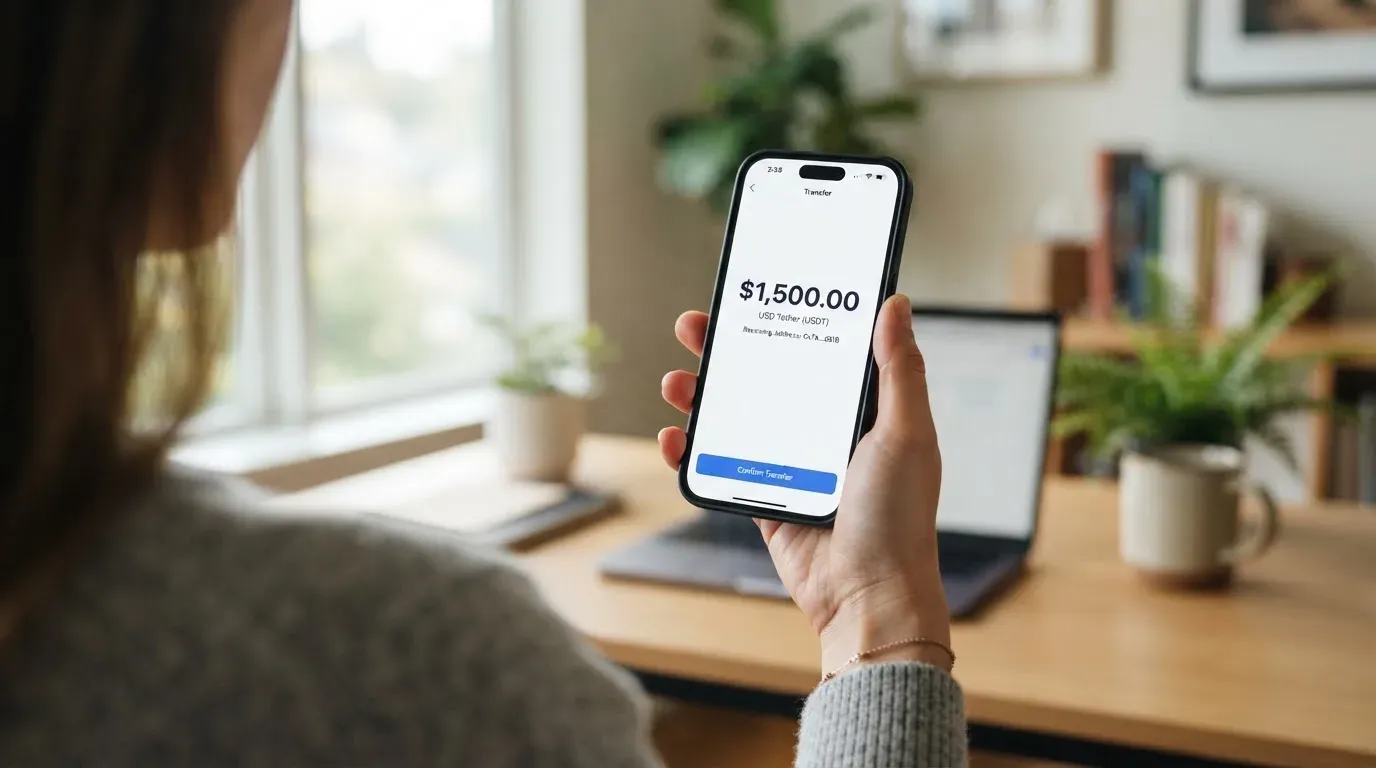 A phone showing a stablecoin transfer screen