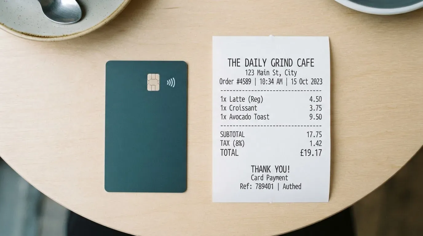 A receipt and a card on a café table