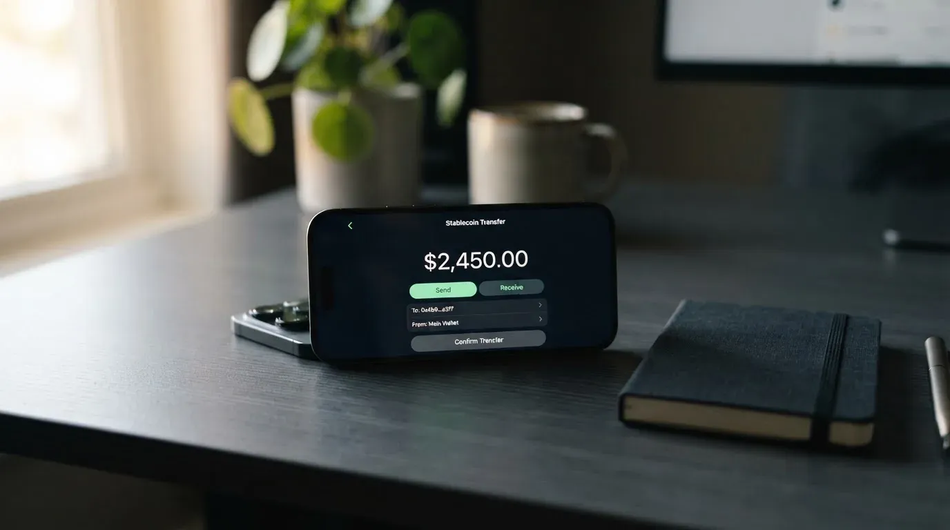 A phone showing a stablecoin transfer screen