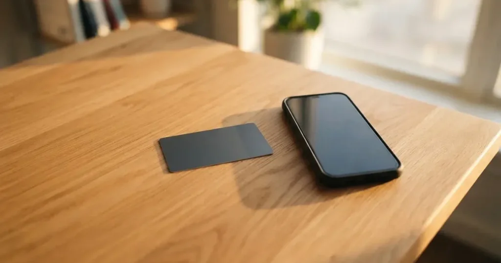 A payment card next to a phone with a crypto wallet app open