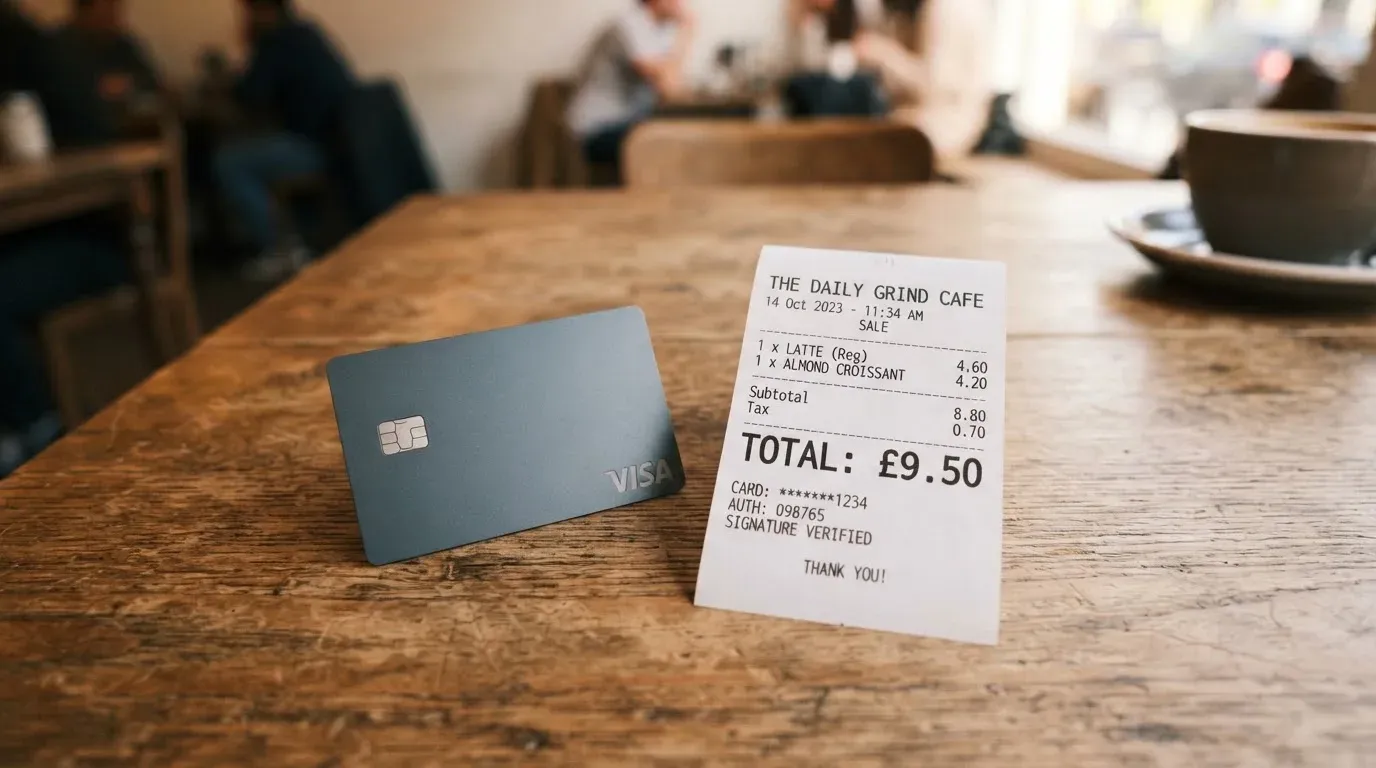 A receipt and a card on a café table