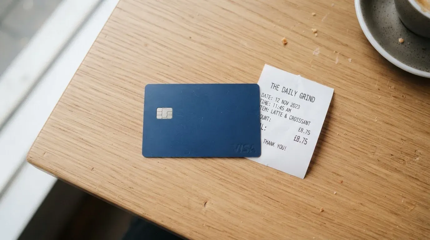 A receipt and a card on a café table