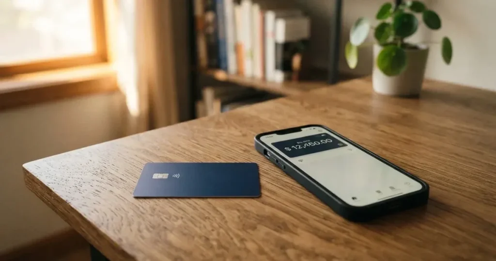 A payment card next to a phone with a crypto wallet app open