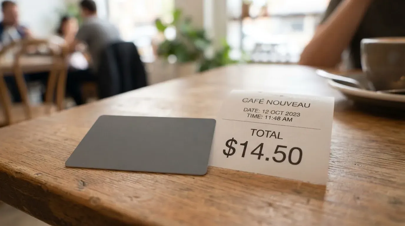 A receipt and a card on a café table