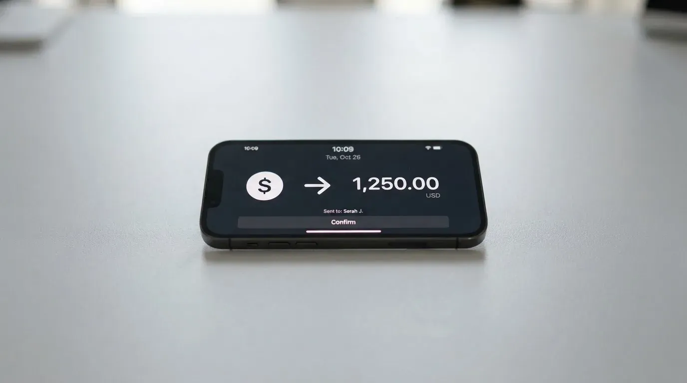 A phone showing a stablecoin transfer screen