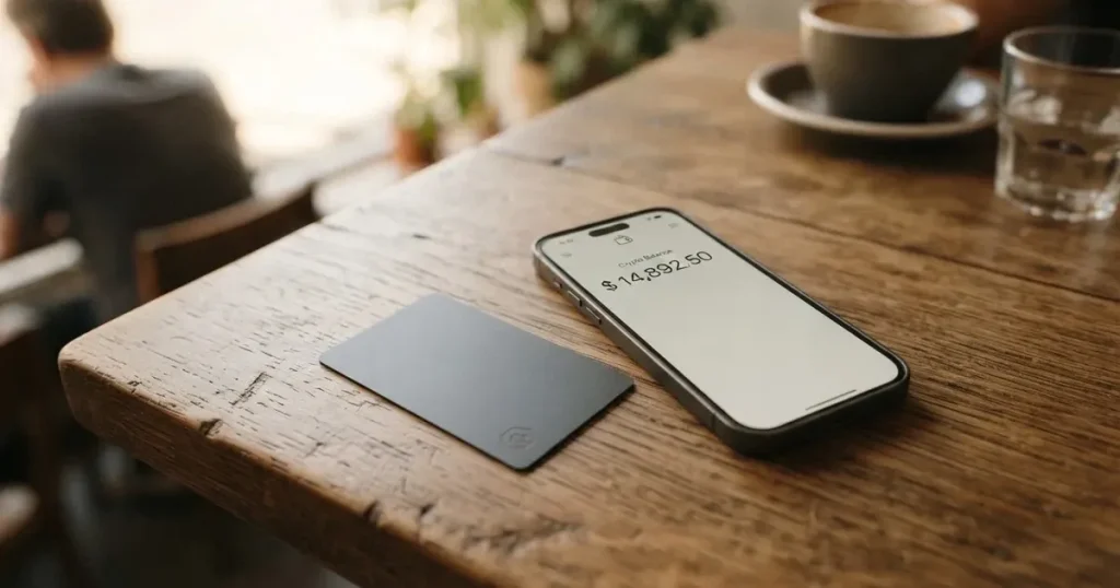 A payment card next to a phone with a crypto wallet app open